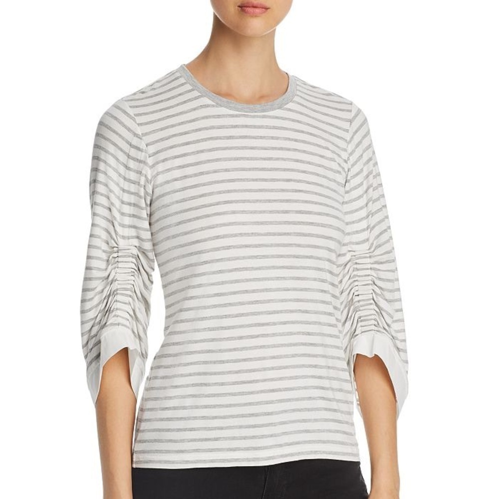 KOBI Halperin Grey and‎ White Stripe Larissa Ruched-Sleeve Top Small